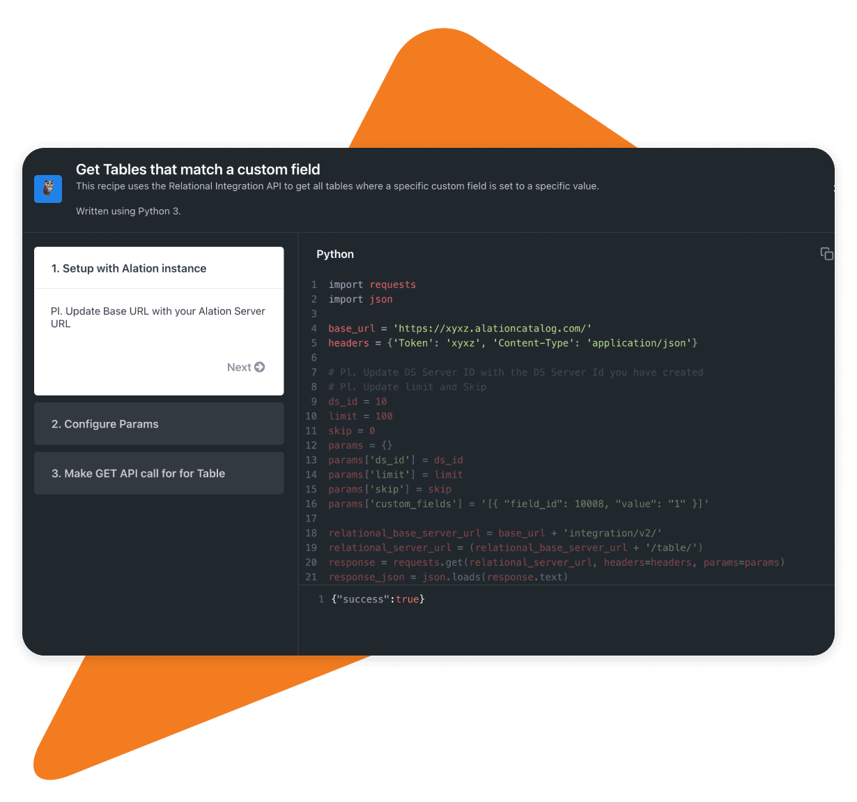 Alation API recipe card for workflow automation in the Alation Data Intelligence platform