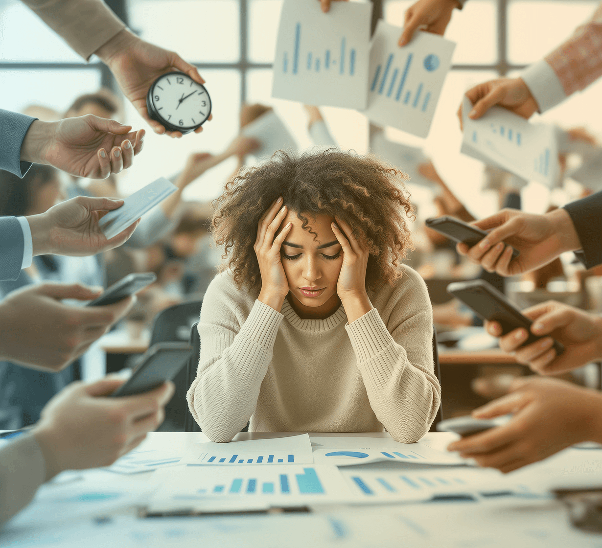 Overwhelmed woman in cream sweater surrounded by demanding hands holding phones, charts, and a clock in busy office setting.