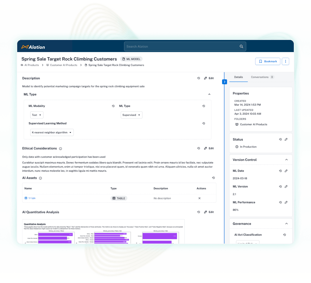 Product image of Alation's Data Governance product enabling users to also have AI governance