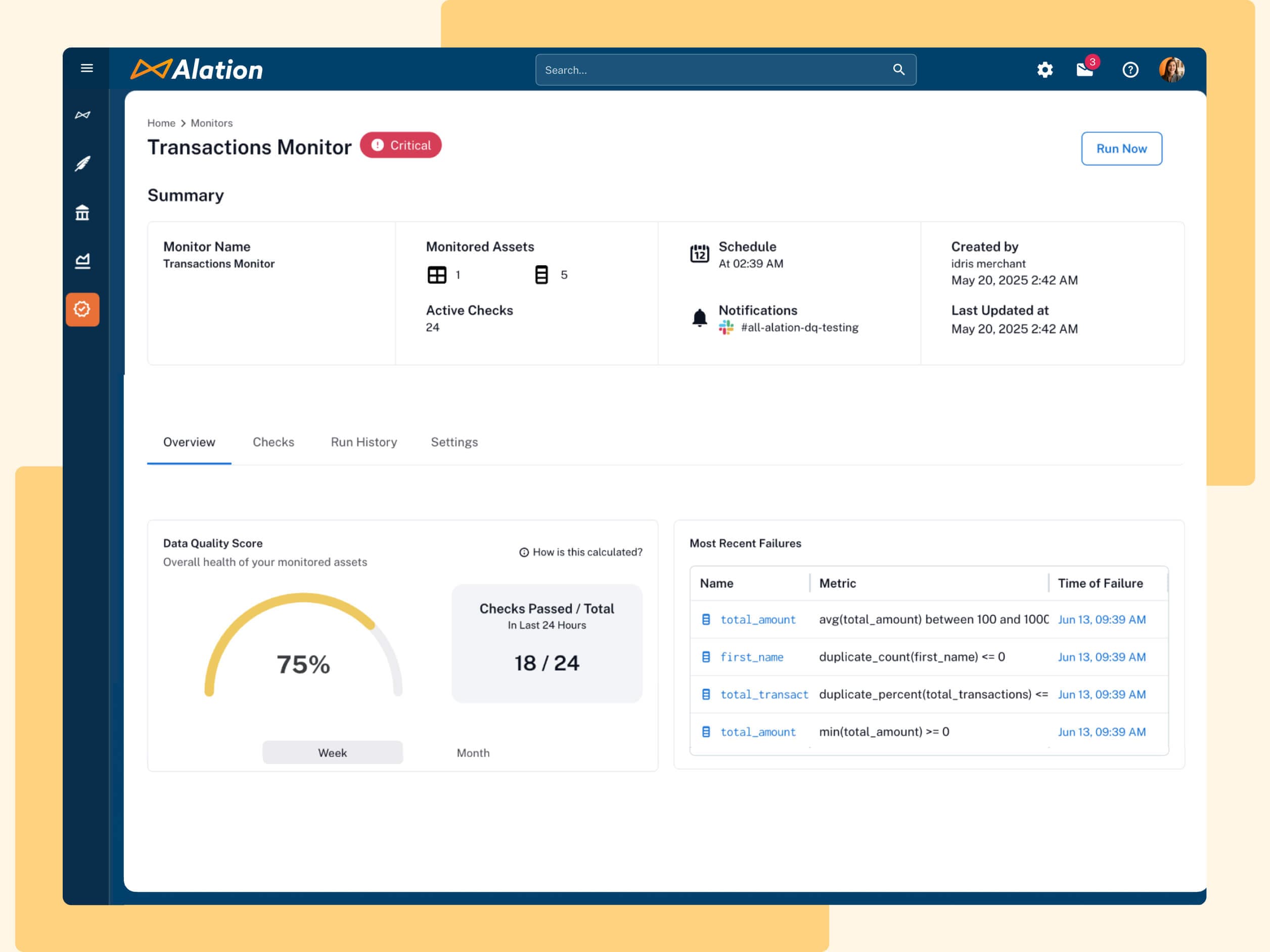 Alation Transactions Monitor dashboard showing 75% data quality score with 18/24 checks passed and recent failures list.