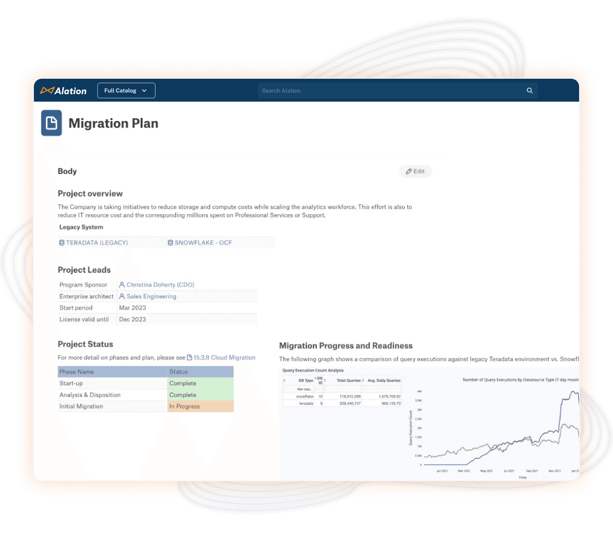 Alation migration plan dashboard showing project overview, status of migration phases, and performance comparison graph between Teradata and Snowflake.