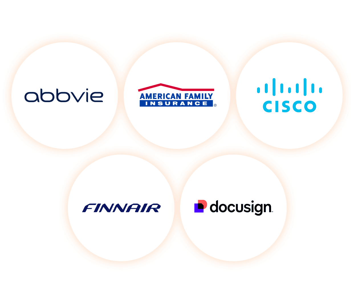 Five corporate logos in circular frames: AbbVie, American Family Insurance, Cisco, Finnair, and DocuSign on a white background.