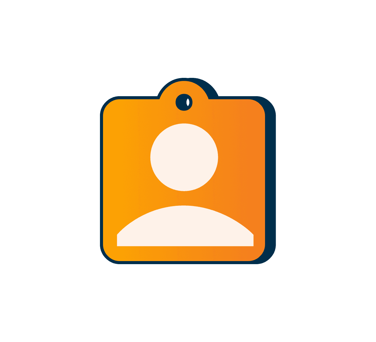 Orange ID badge or tag icon with simplified user profile silhouette and hole for lanyard attachment.