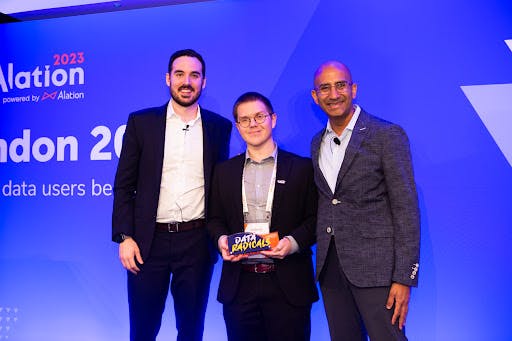 GKN Aerospace receiving the Governance Groundbreaker Award for exceptional work in data governance; the award was accepted by the organization’s global graduate engineer, Rasmus Arvidson.