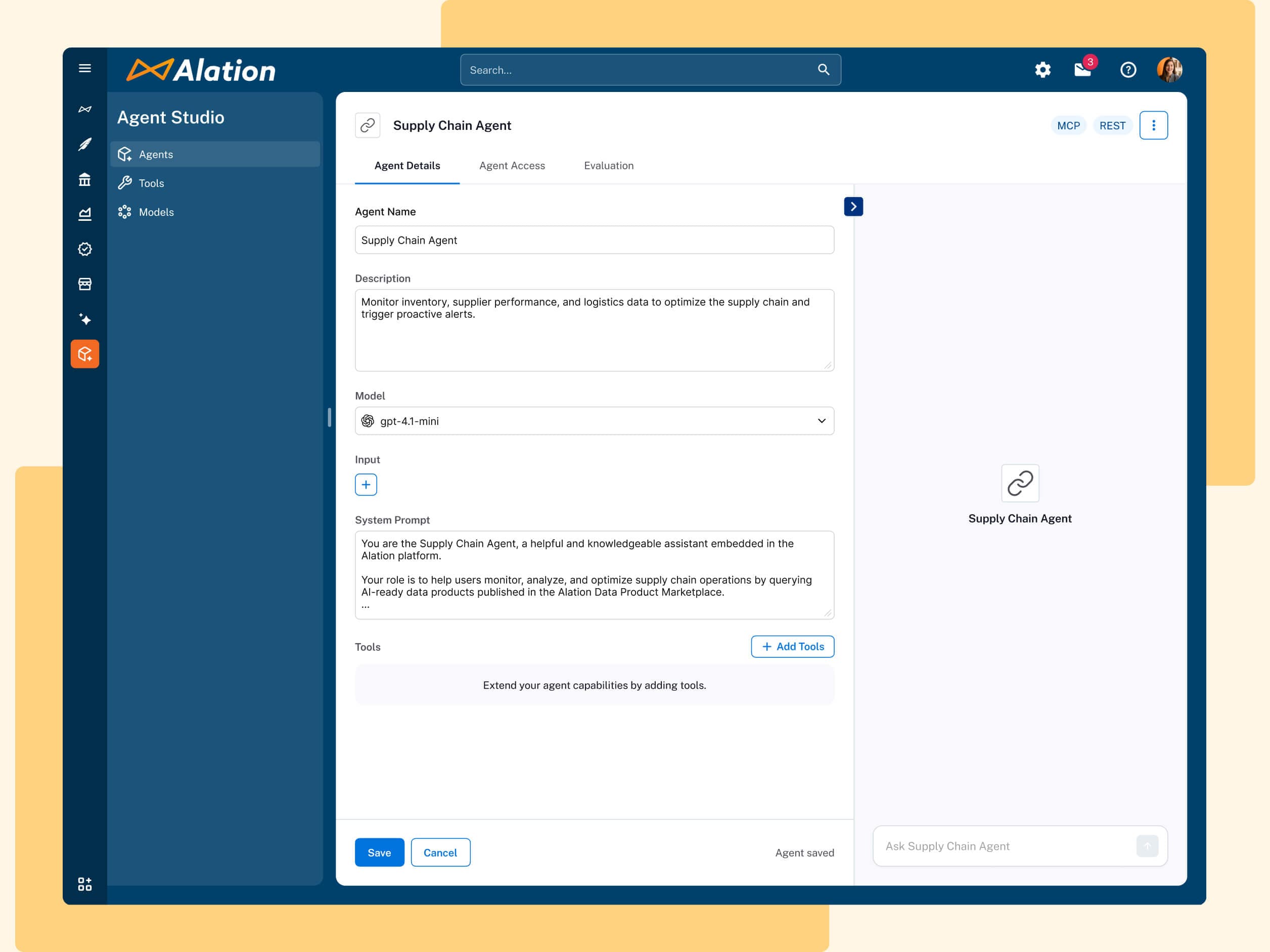 Alation Agent Studio interface showing Supply Chain Agent configuration with description, model settings, and system prompt details.
