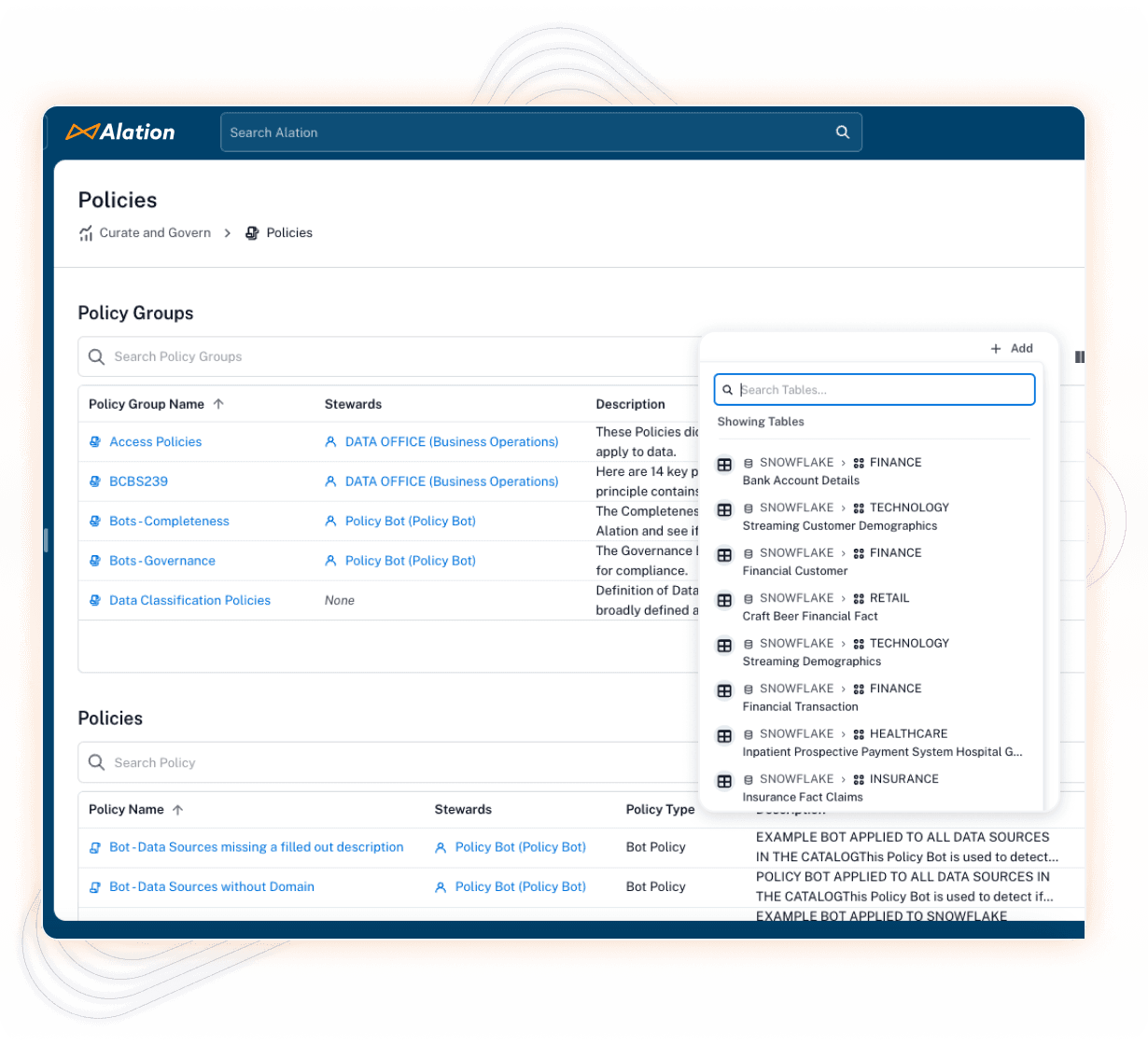 Product image of how the Alation platform scales policies