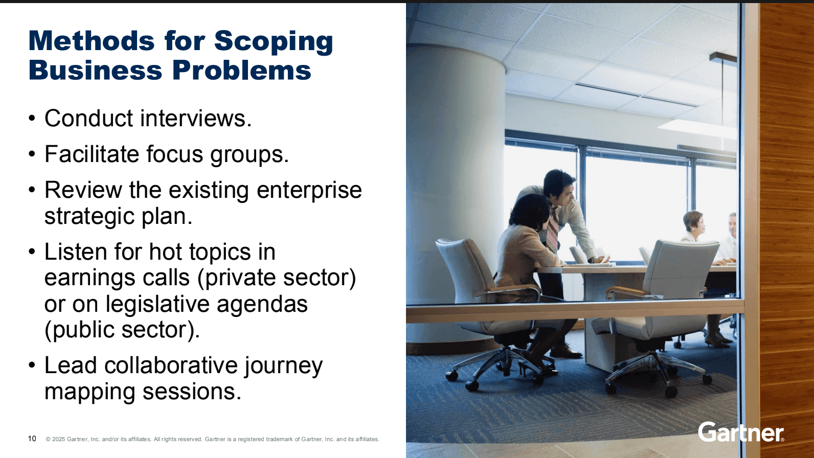 Gartner slide offering advice on how governance leaders should scope business problems