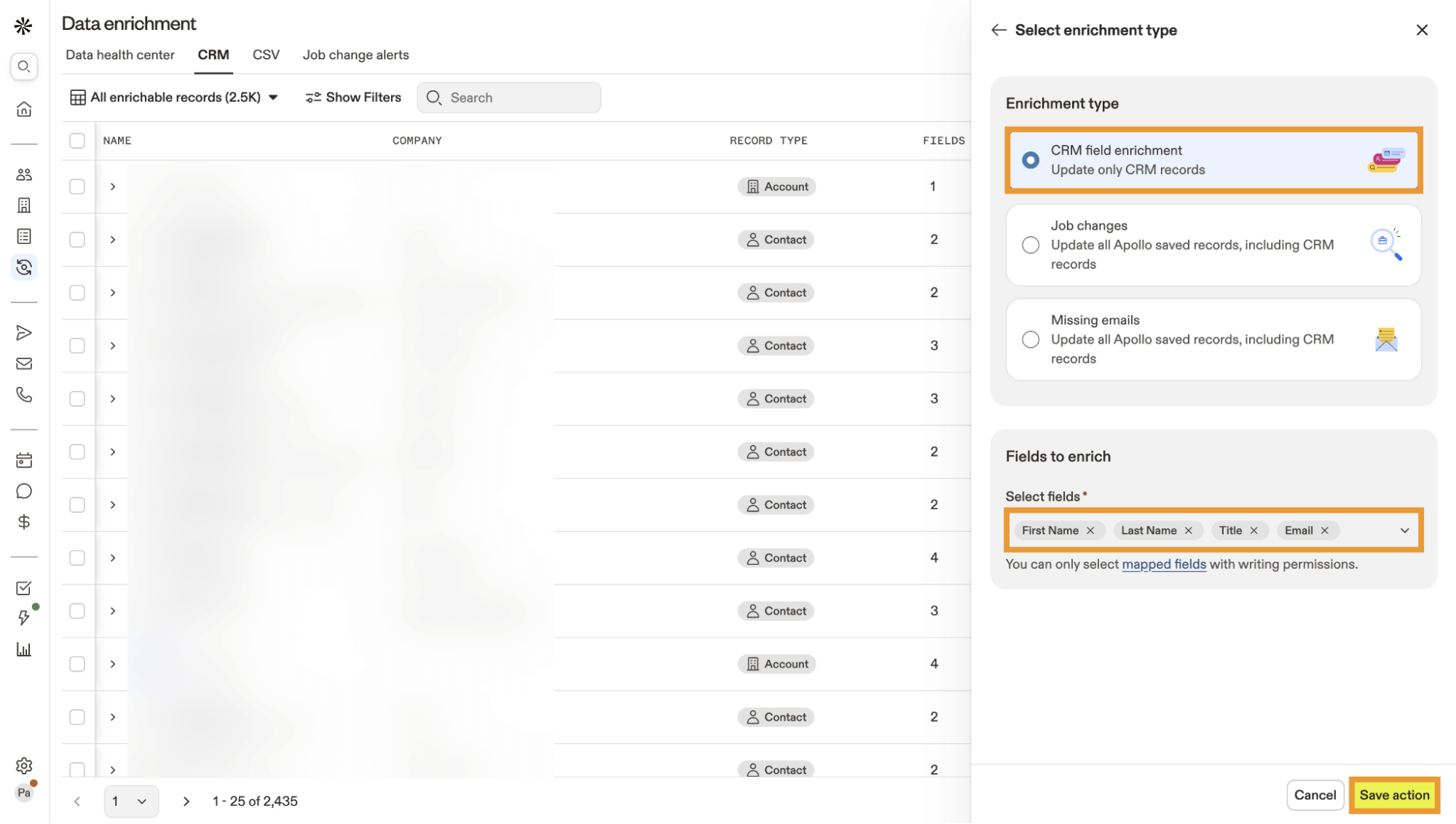 Apollo’s CRM data enrichment dashboard