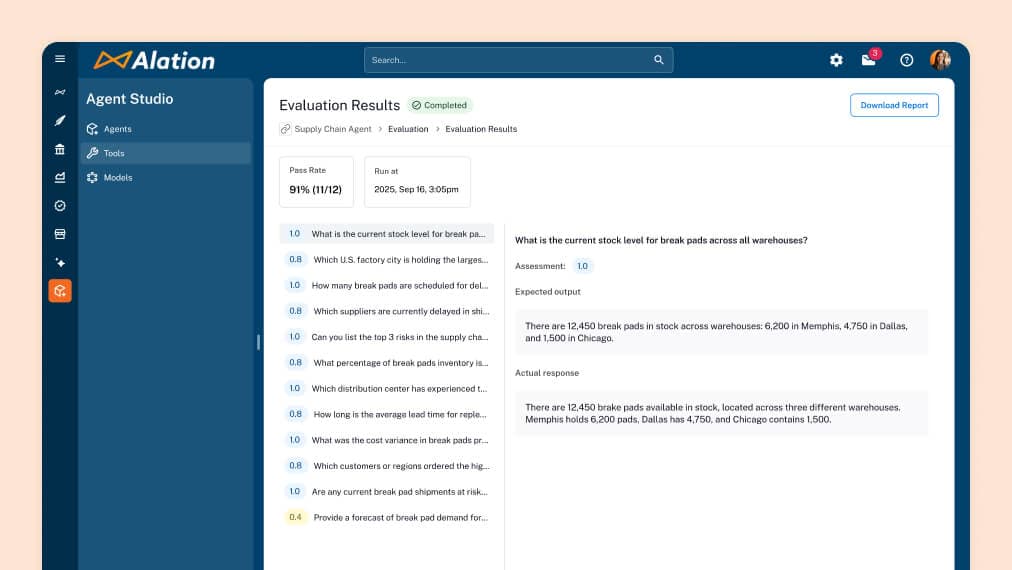 Alation Agent Studio dashboard showing evaluation results for Supply Chain Agent with 91% pass rate and inventory data.