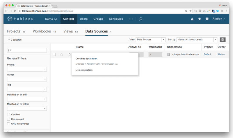 Alation Data Catalog TrustCheck with Tableau Server