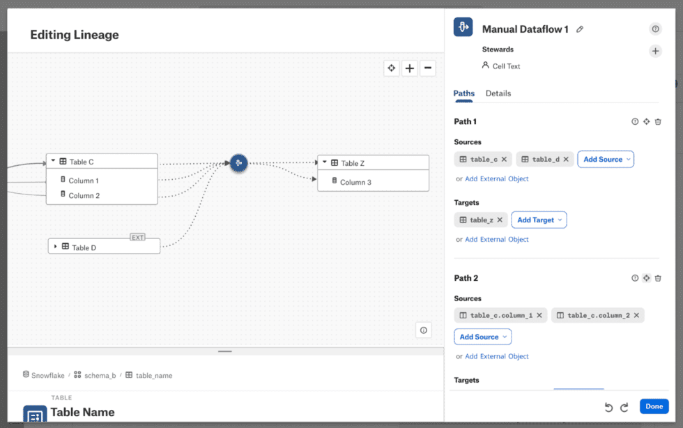 Editing lineage in the data catalog.