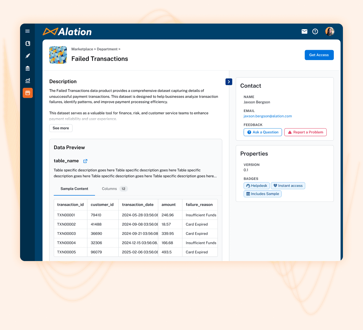Alation data platform interface showing Failed Transactions dataset with sample payment failures and product description.