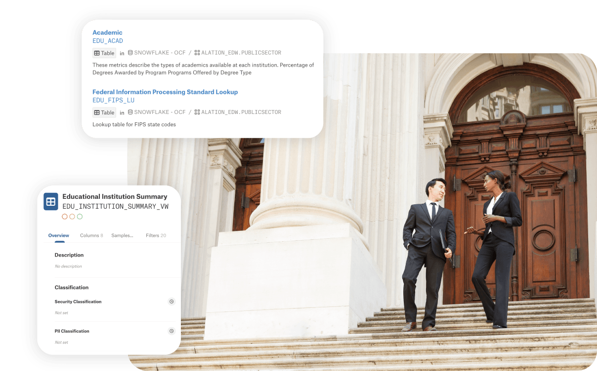 Hero image for Alation's Public Sector solution page with overlay of Alation platform product images