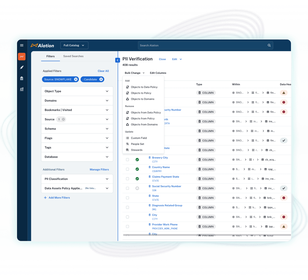 Product image of the Alation platform showing PII verification