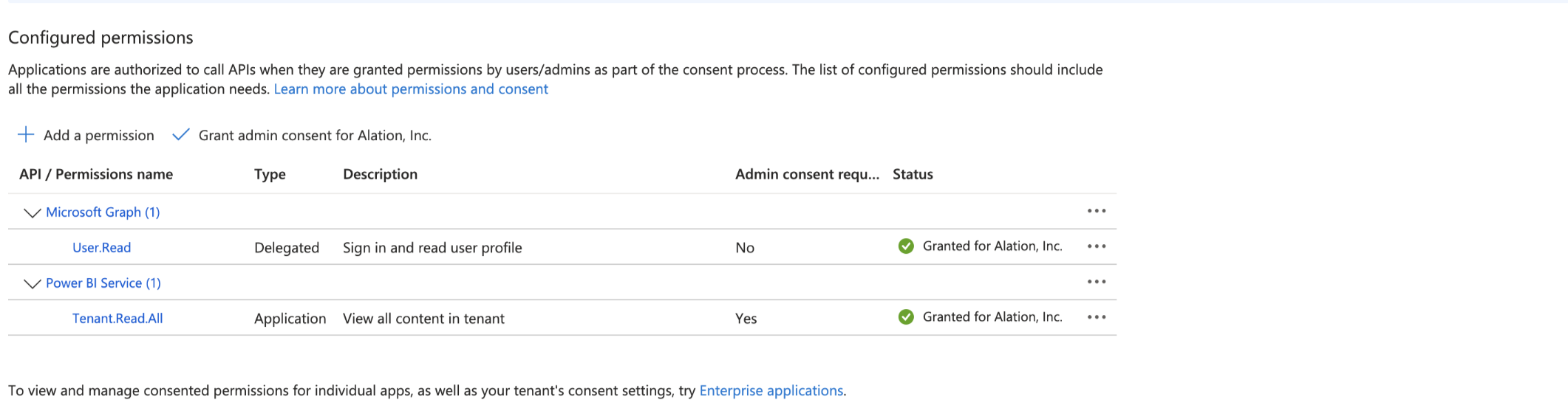 Screenshot showing Admin Permissions With Admin Consent.