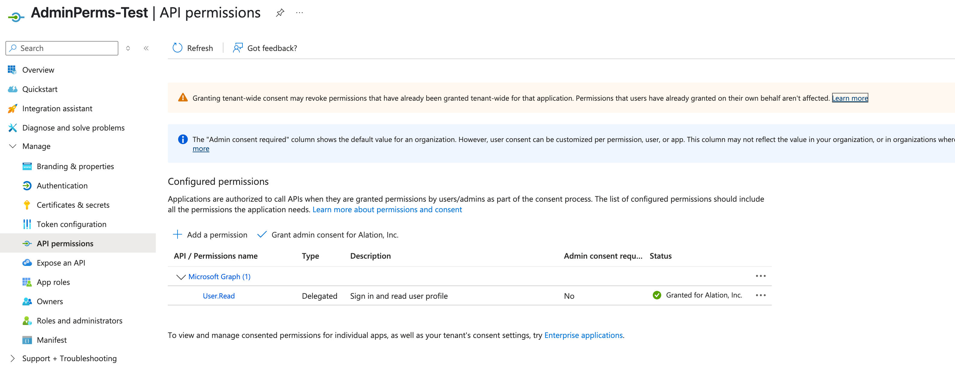 Screenshot showing default Admin Permissions